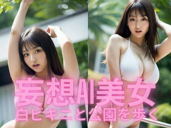 妄想AI美女  白ビキニと公園を歩く